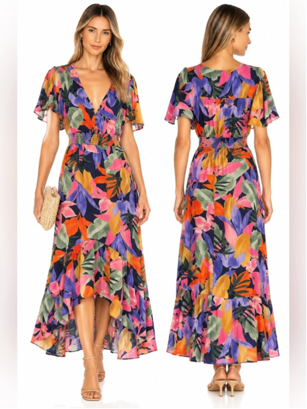 Floral High-Low V-Neck Midi Dress in Multicolor